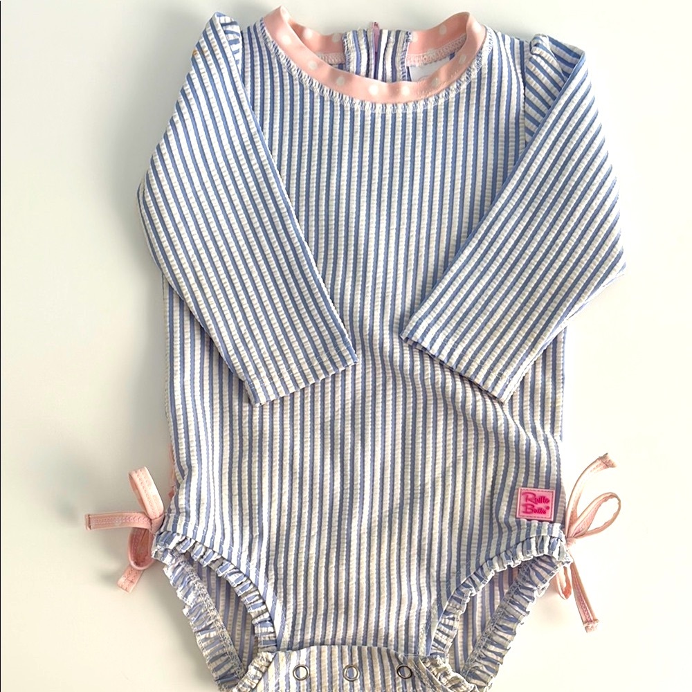 Ruffle Butts 6-12M Blue Striped Seersucker Baby Swim One Piece